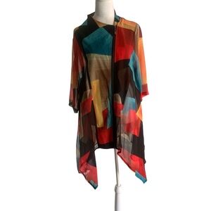 Feratelli XL Graphic Print Colorful Zip Front Sheer Art to Wear Tunic Top